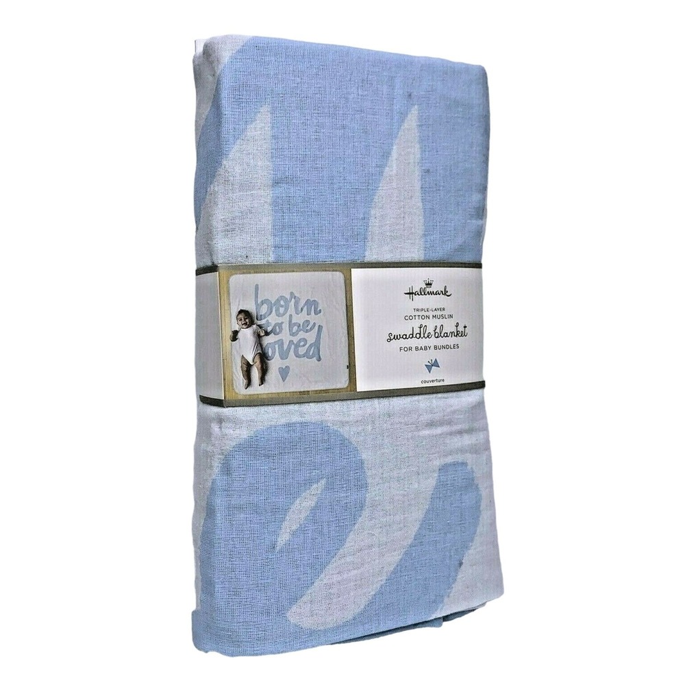 Hallmark Triple Layer Cotton Muslin Swaddle Blanket Born to be Loved Blue White